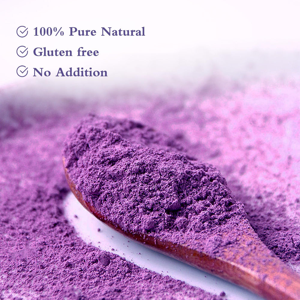 NutraBloom ube powder scoop adds vibrant color and easy blending for smoothies.