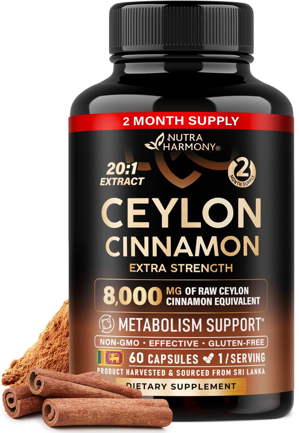 nutraharmony ceylon cinnamon bottle on shelf supports daily energy and metabolism