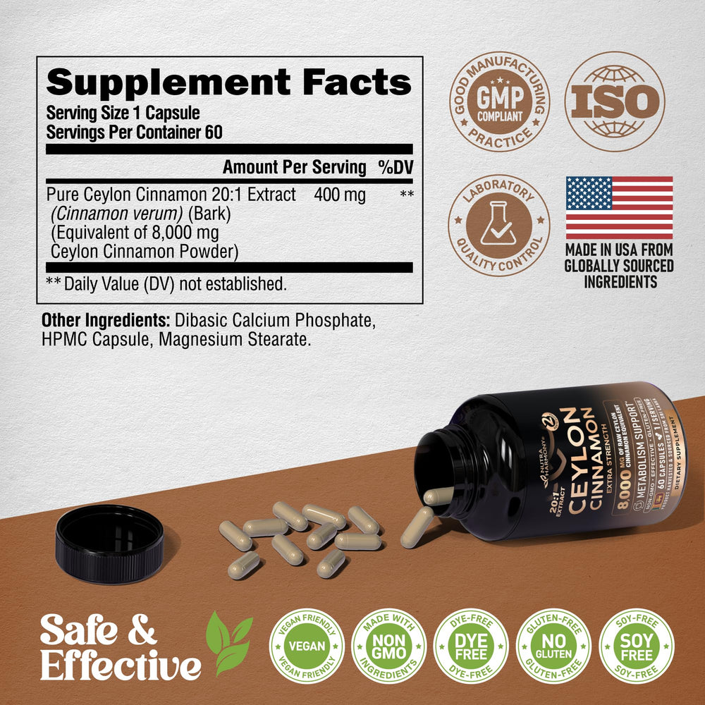 nutraharmony ceylon cinnamon capsules on white background for daily energy
