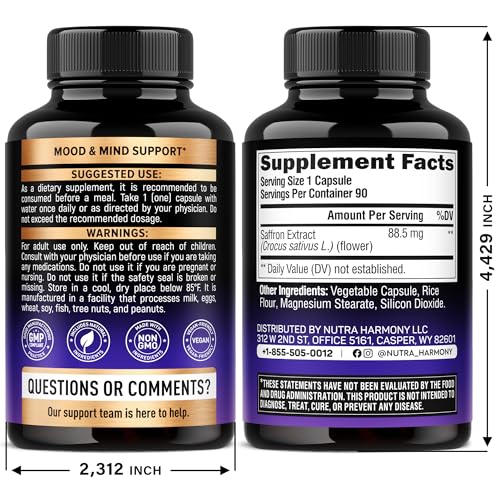 NUTRAHARMONY saffron capsules pack closeup with vegan, non-GMO wellness