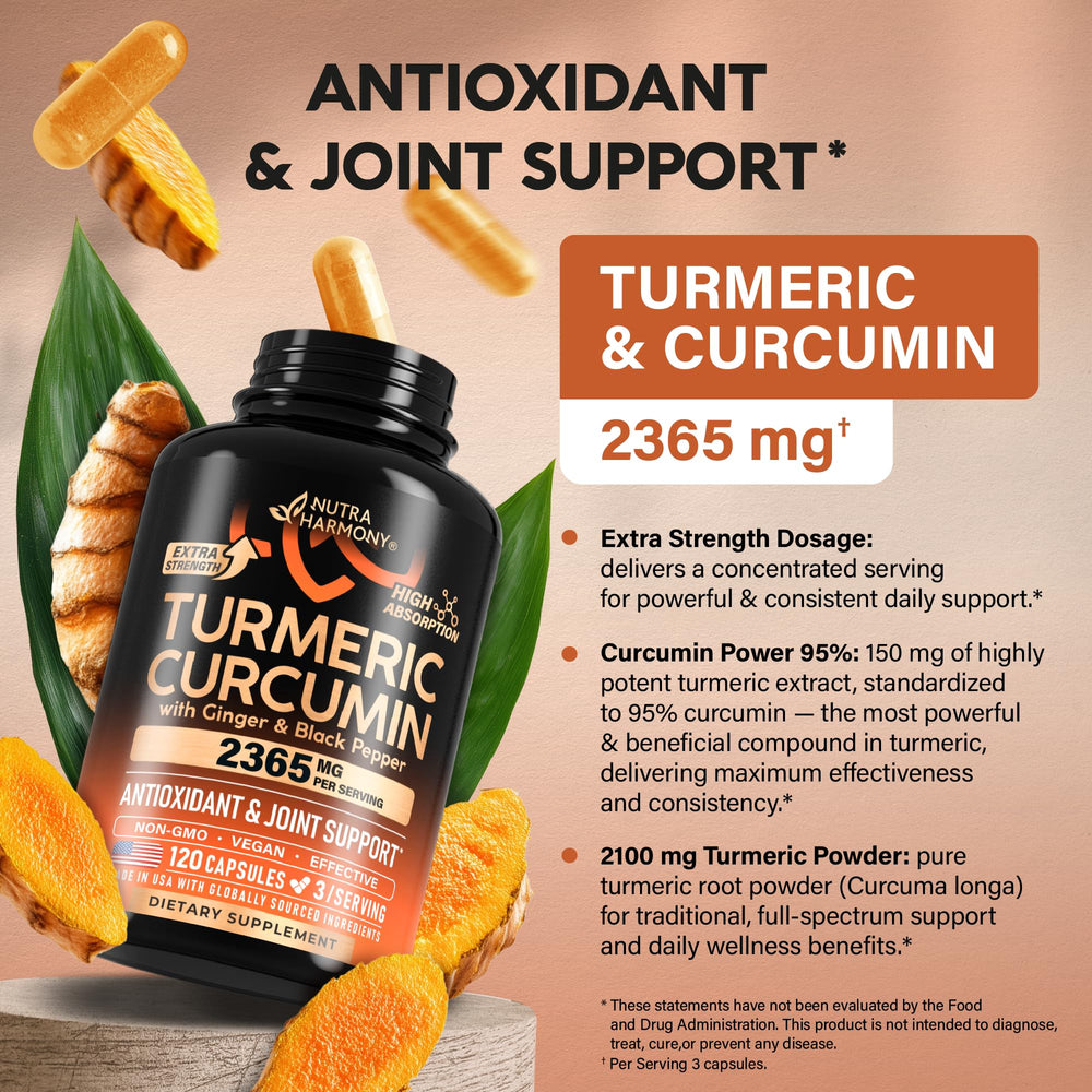 NUTRAHARMONY Turmeric black pepper extract highlights absorption-enhancing ingredients.