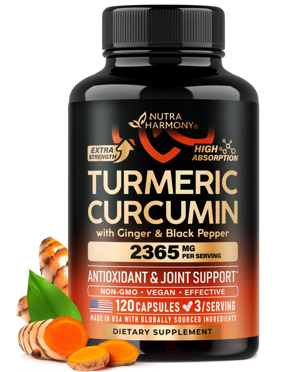 NUTRAHARMONY Turmeric Curcumin 2365mg bottle for potential joint support.