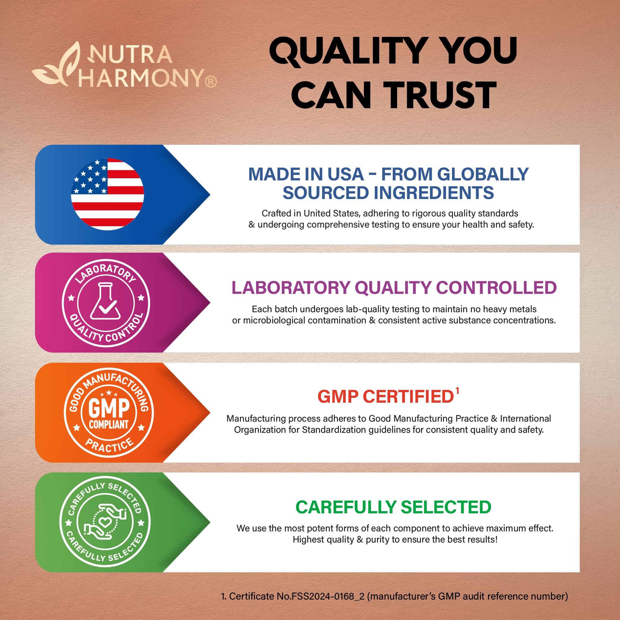 NUTRAHARMONY USA facility image communicates GMP-certified manufacturing standards.