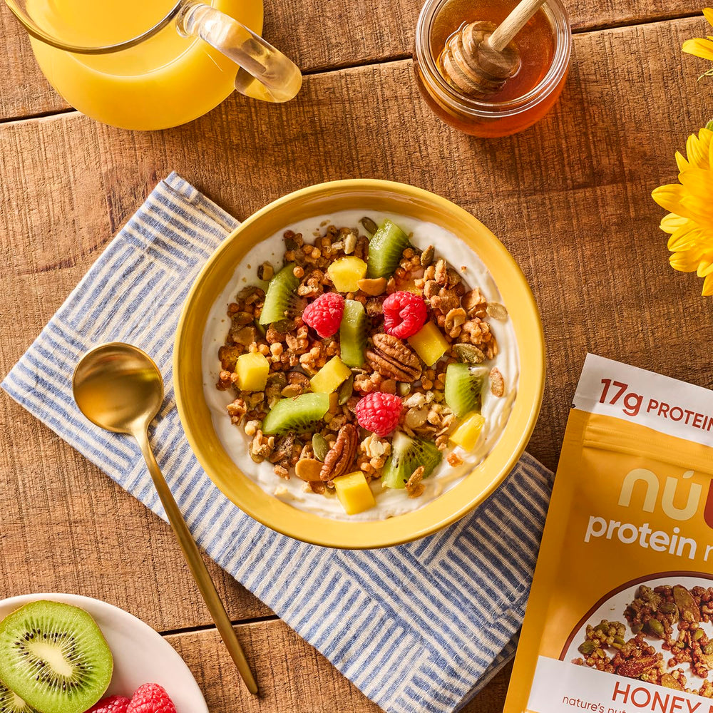 NuTrail granola being poured into a bowl for breakfast.