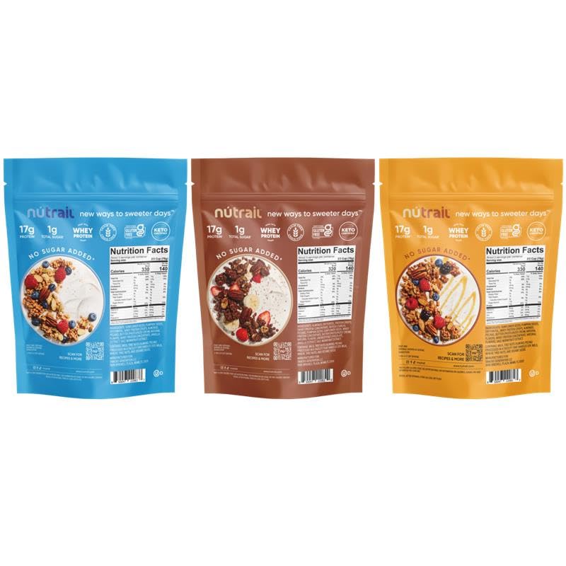 NuTrail granola serving with milk ready for a quick breakfast.