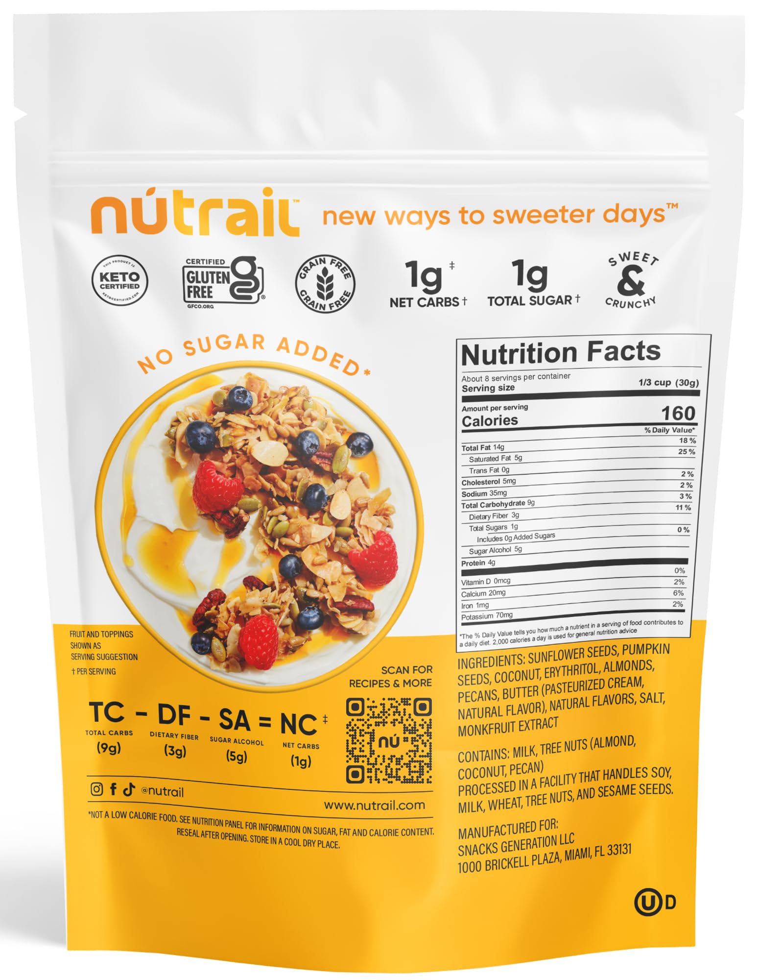 NuTrail Honey Nut granola being poured from a bag for easy on-the-go snacking.