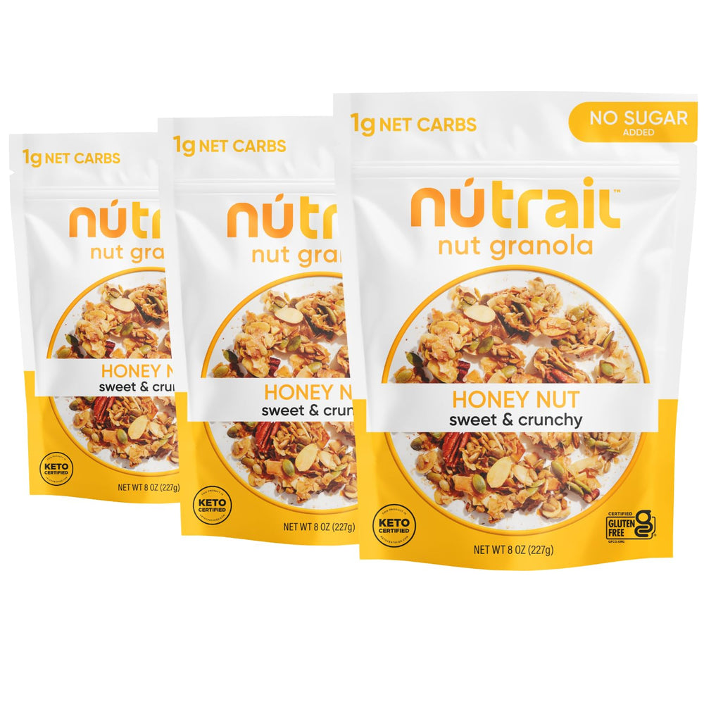 NuTrail Honey Nut granola in a bowl for a quick low-sugar breakfast.