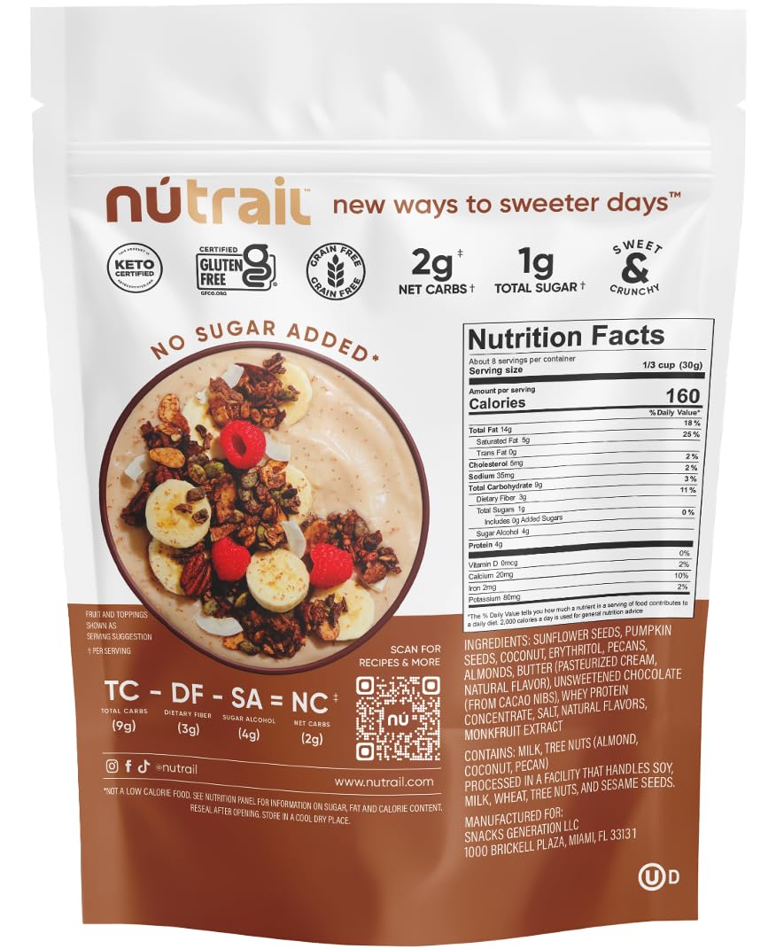 Close-up of NuTrail granola with dark chocolate showing crunchy clusters for snacking.