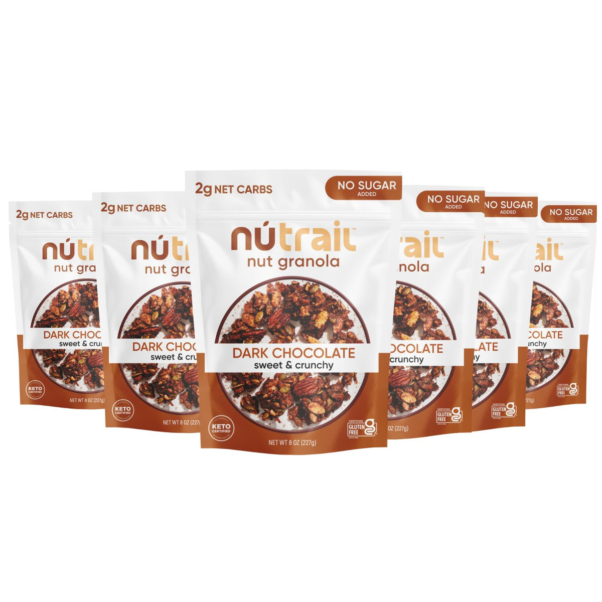 NuTrail Nut Granola dark chocolate packaging shows keto-friendly breakfast option.