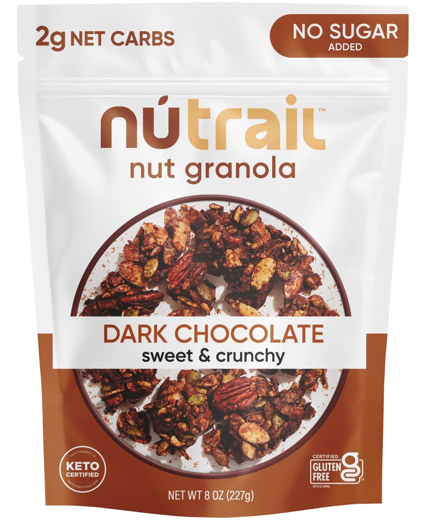 NuTrail Nut Granola Dark Chocolate packaging shows gluten-free, keto-friendly branding.