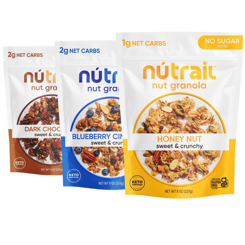 NuTrail Nut Granola Variety Pack bags front, convenient on-the-go snack