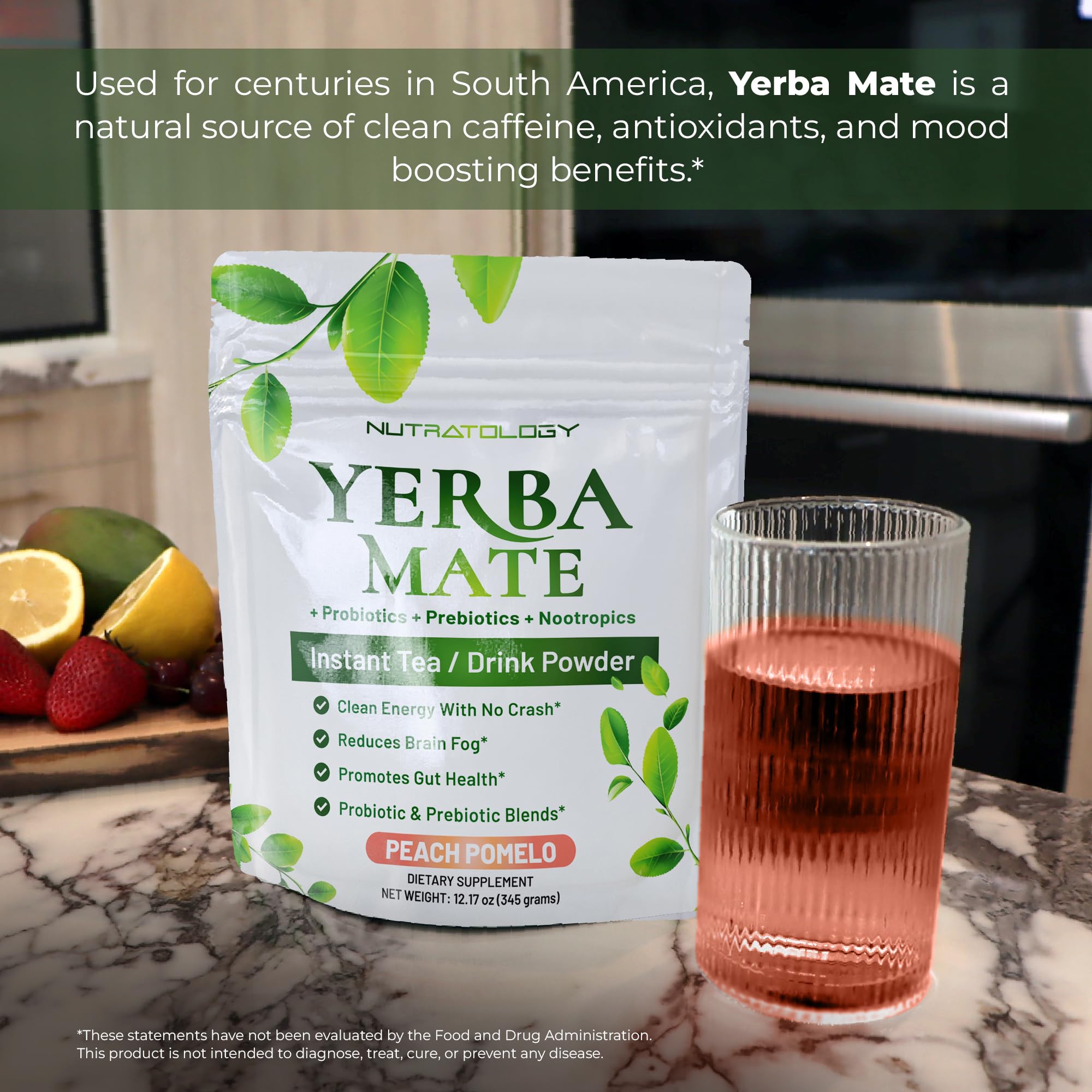 Nutratology Yerba Mate cup with steam conveys focus and crisp taste.