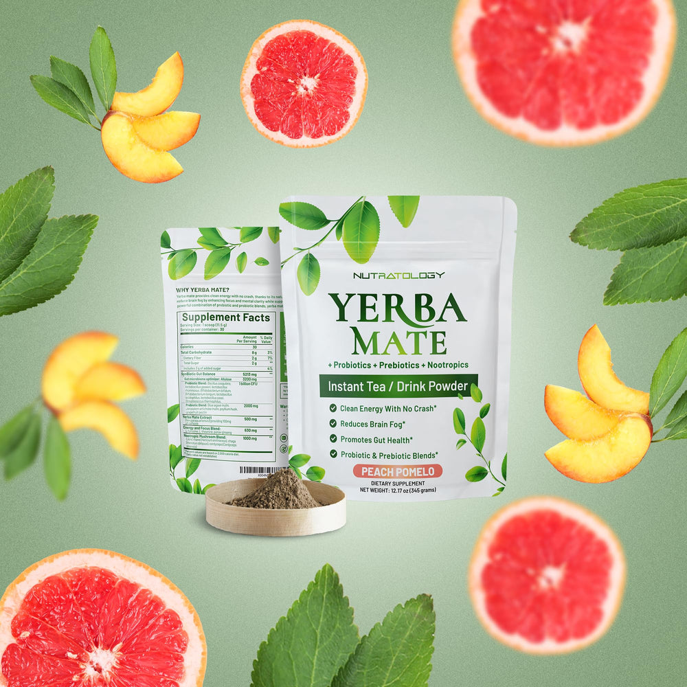 Nutratology Yerba Mate Peach Pomelo flavor illustration invites refreshing focus.