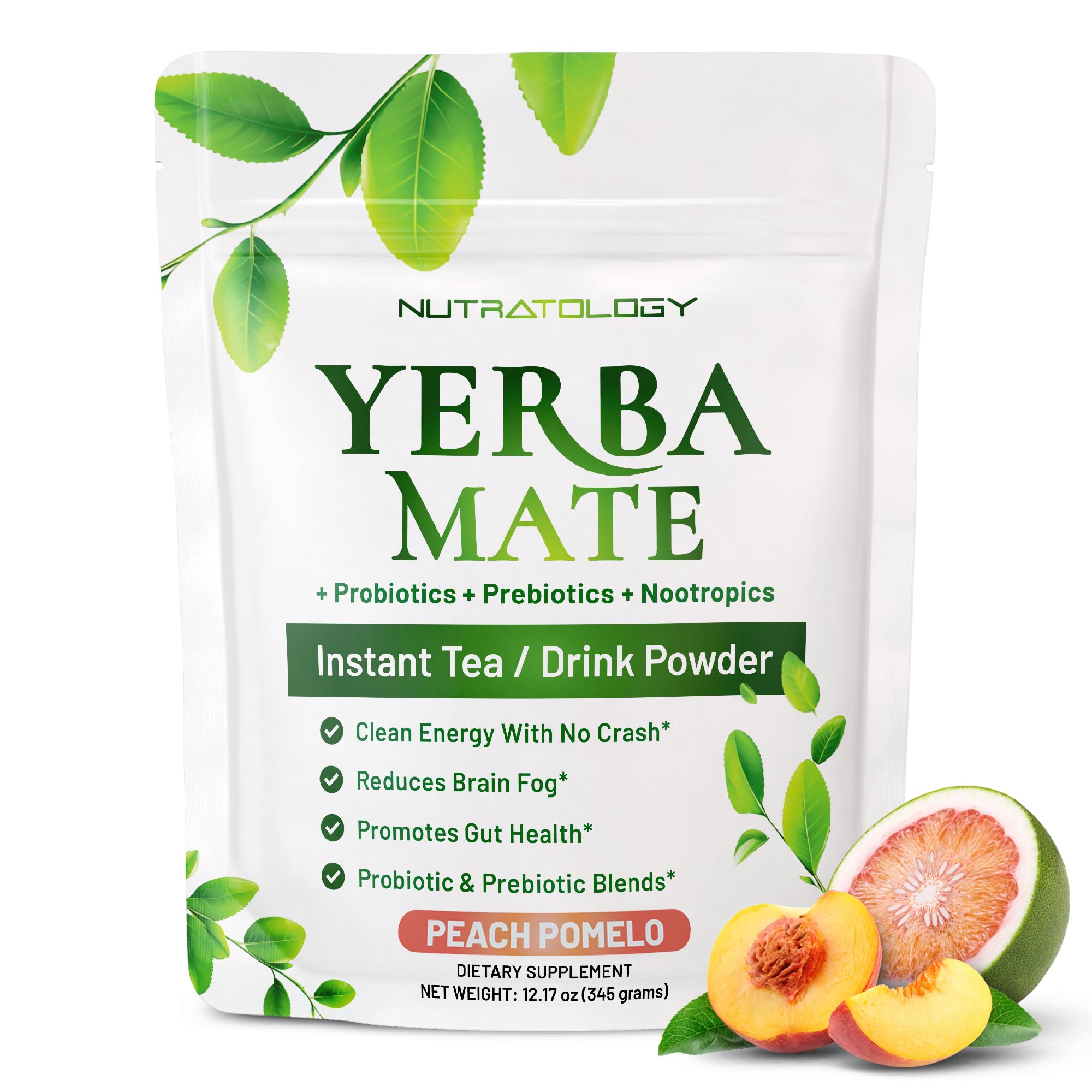 Nutratology Yerba Mate Instant Tea Powder peach pomelo pack shot for an energy boost.