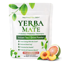 Nutratology Yerba Mate Instant Tea Powder peach pomelo pack shot for an energy boost.