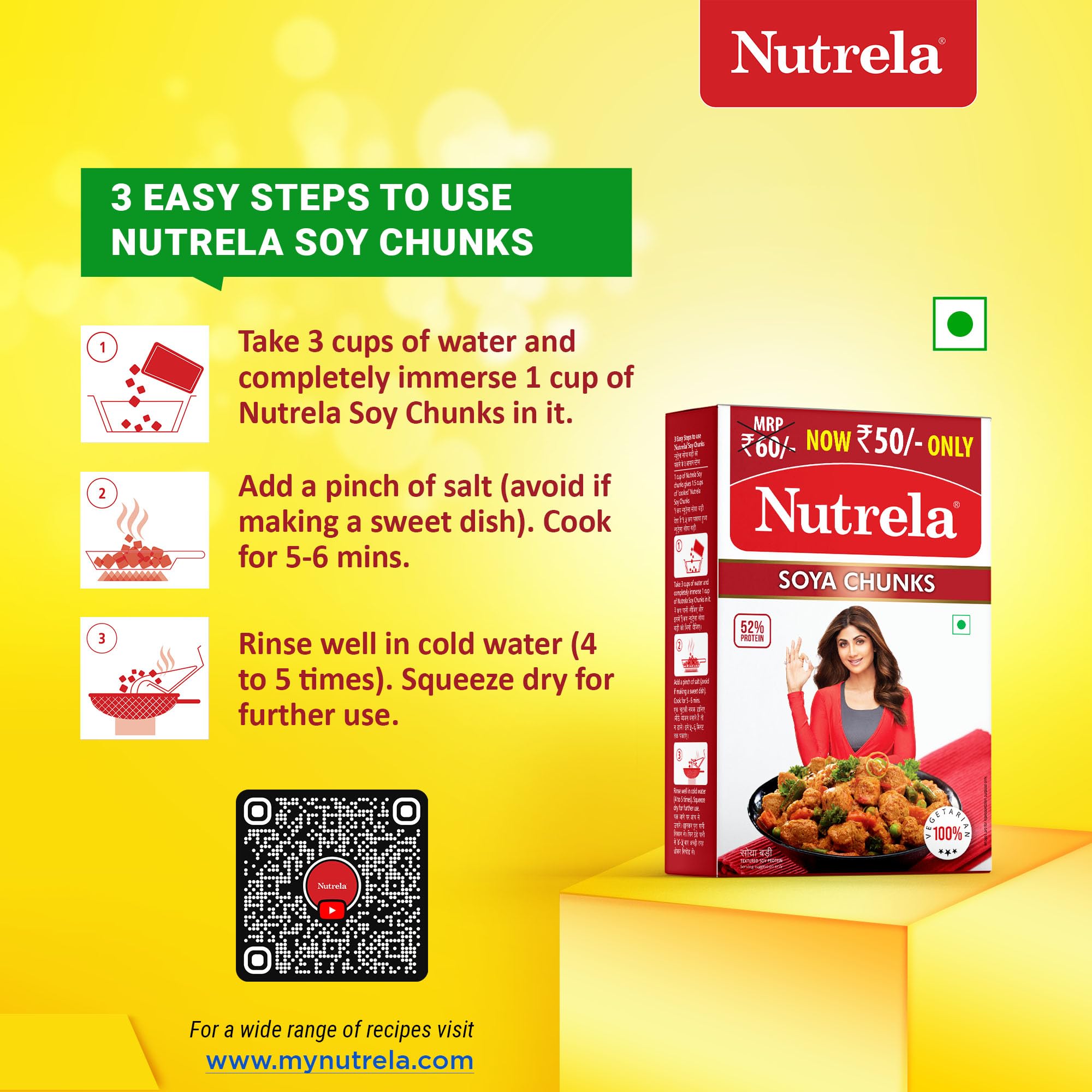 Nutrela Soya Chunks in a sauce dish—absorbs spices for depth.