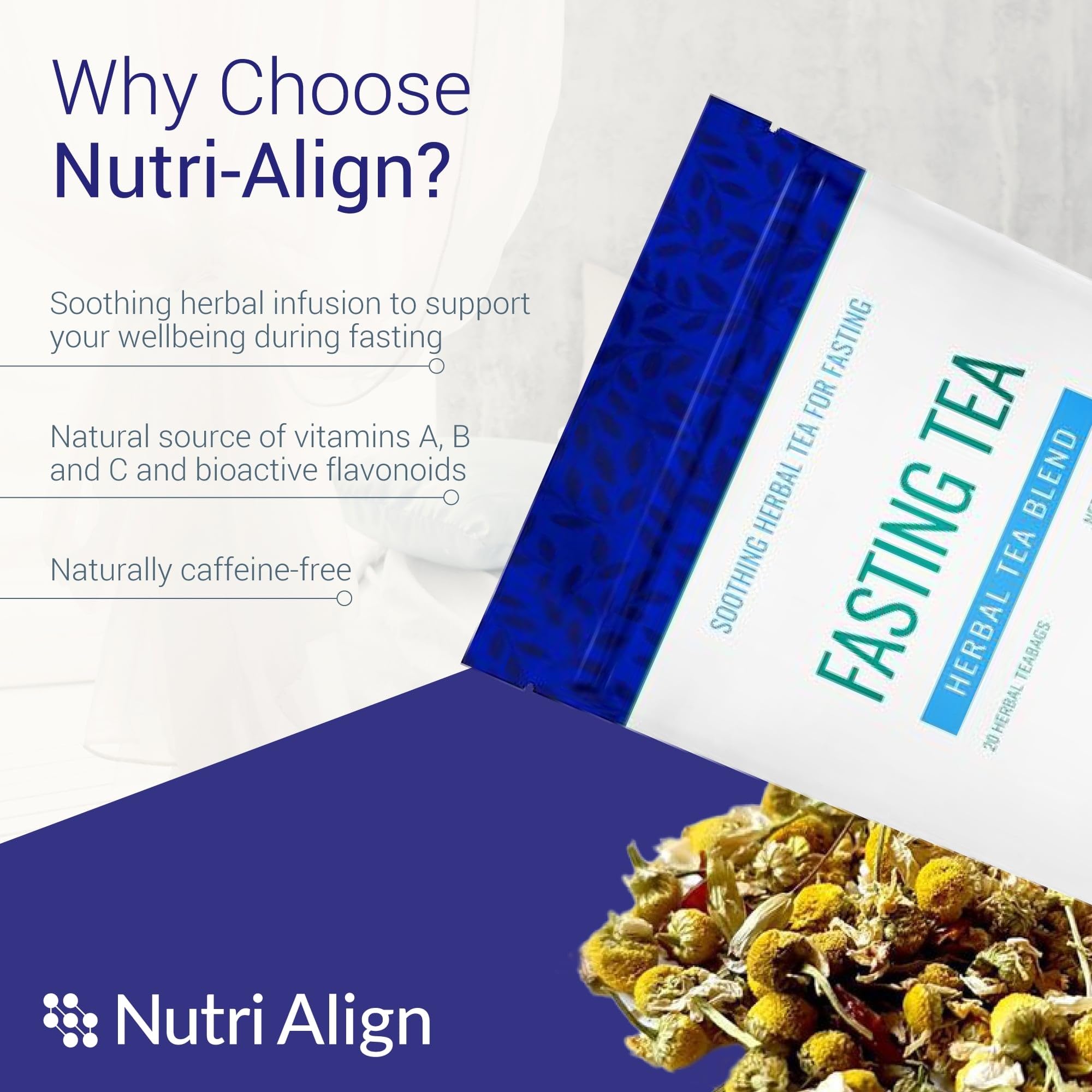 Nutri-Align Fasting Tea brewed cup shows amber caffeine-free infusion.