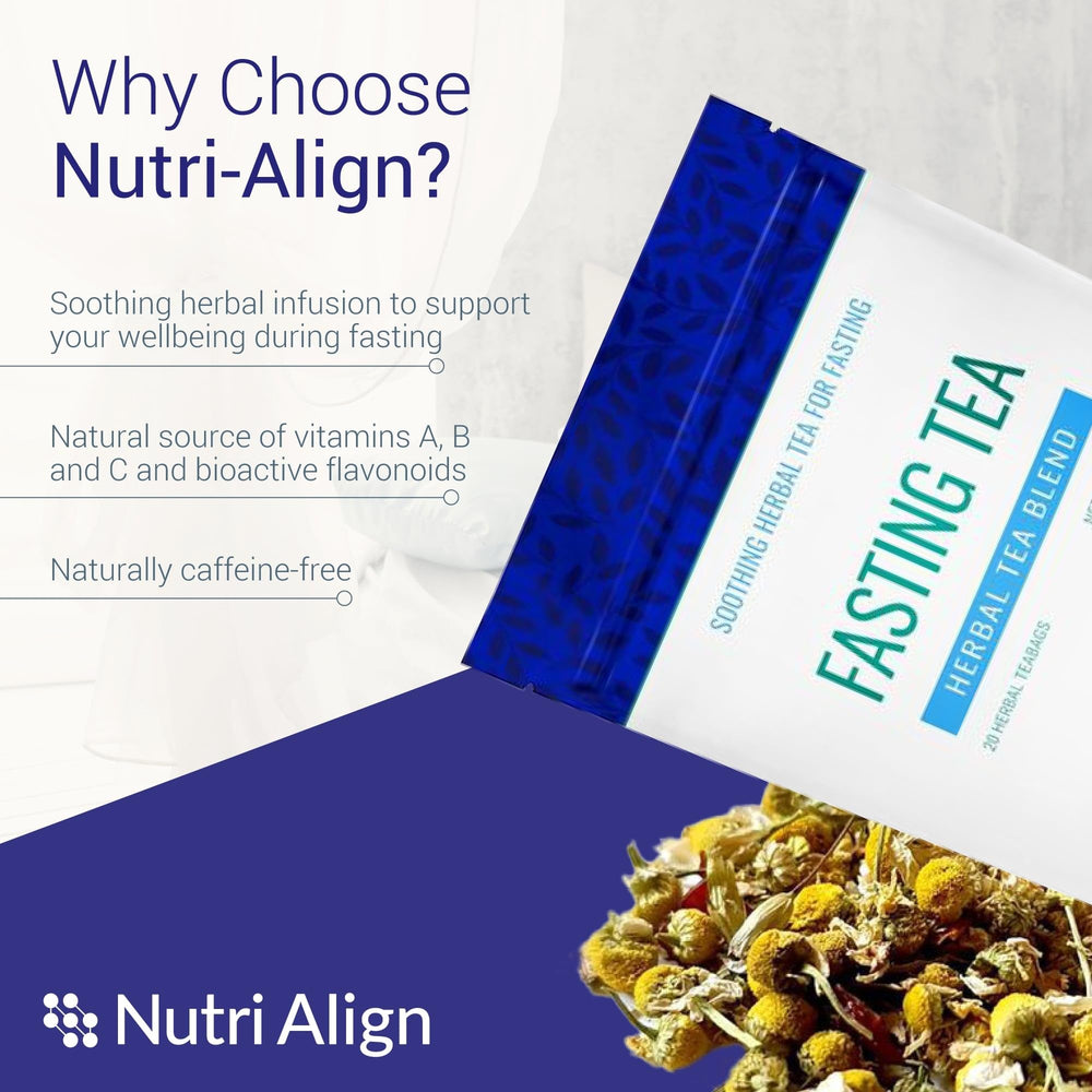 Nutri-Align Fasting Tea brewed cup shows amber caffeine-free infusion.