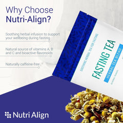 Nutri-Align Fasting Tea brewed cup shows amber caffeine-free infusion.