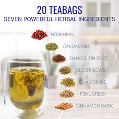 Nutri-Align Fasting Tea ingredients featuring chamomile, dandelion and rosehips.