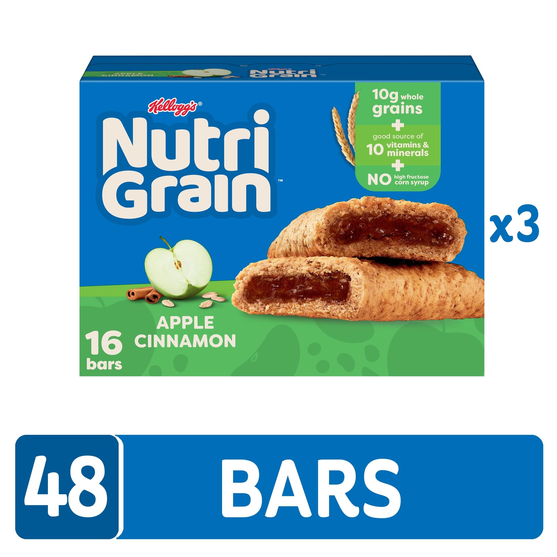 Nutri-Grain Apple Cinnamon nutrition panel indicates vitamins and minerals per serving.