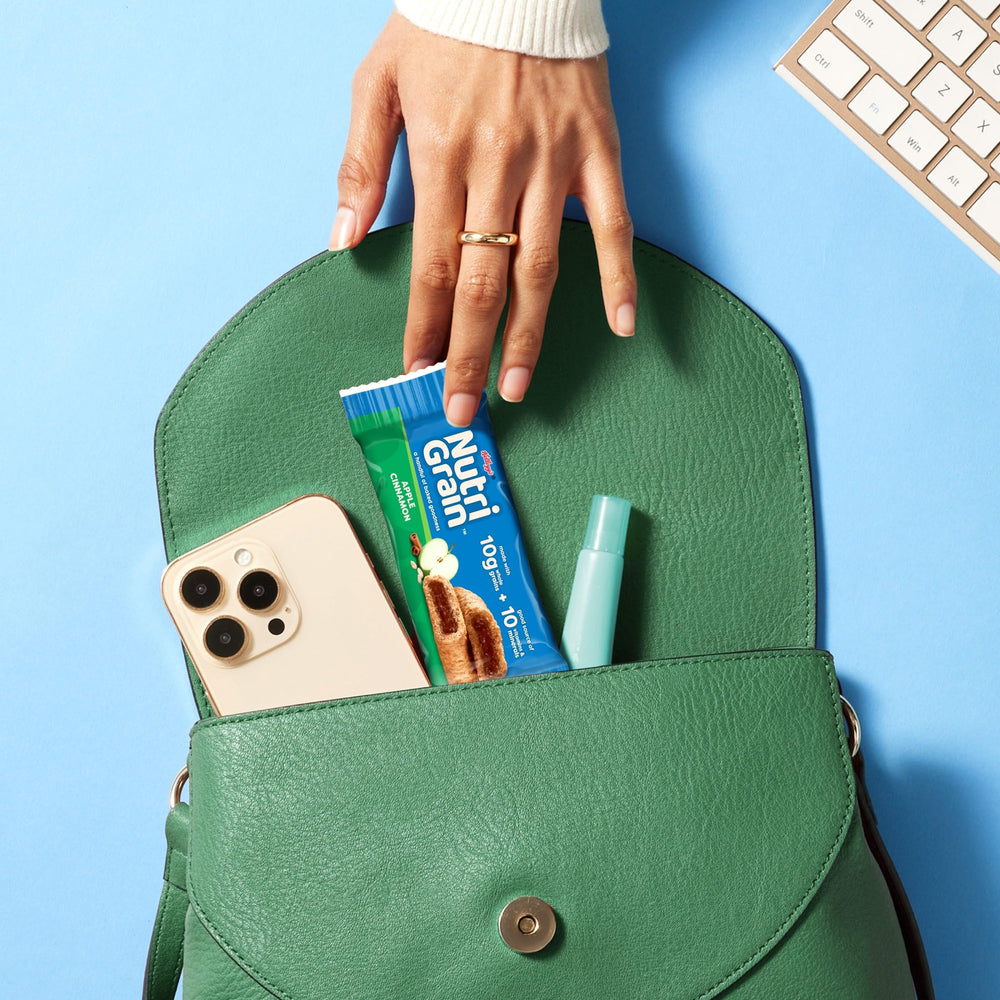 Nutri-Grain Apple Cinnamon bar in lunchbox, kid-friendly snack.