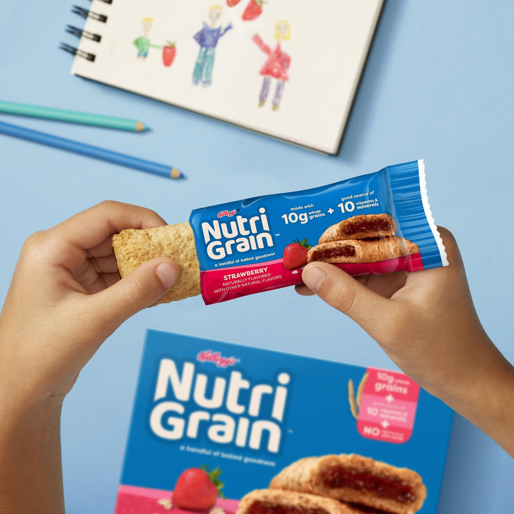Nutri-Grain Soft Baked Bar in backpack scene shows portable snack anytime.