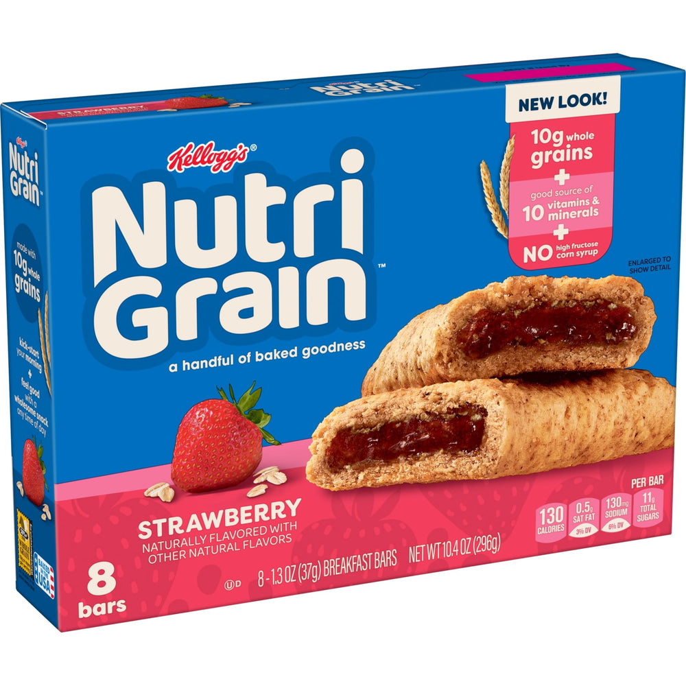Nutri-Grain Soft Baked Bars ingredient icons highlight minerals and no HFCS.