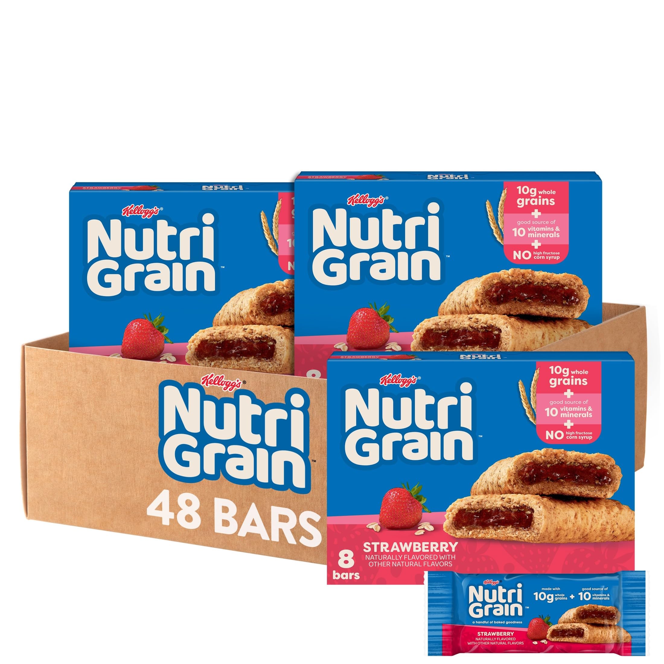 Nutri-Grain Soft Baked Bars packaging showcases whole grain goodness for busy mornings.