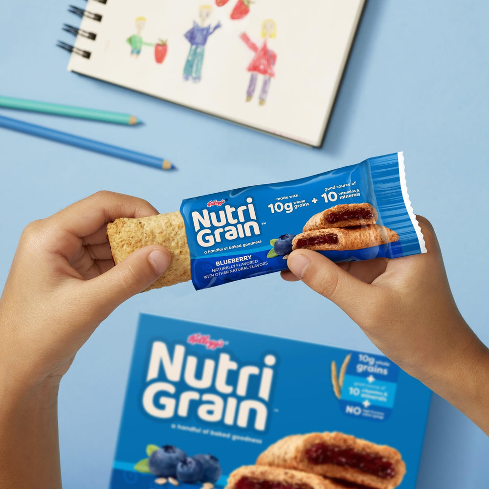 Nutri-Grain Soft Baked Blueberry Bars breakfast-table scene with quick morning boost.