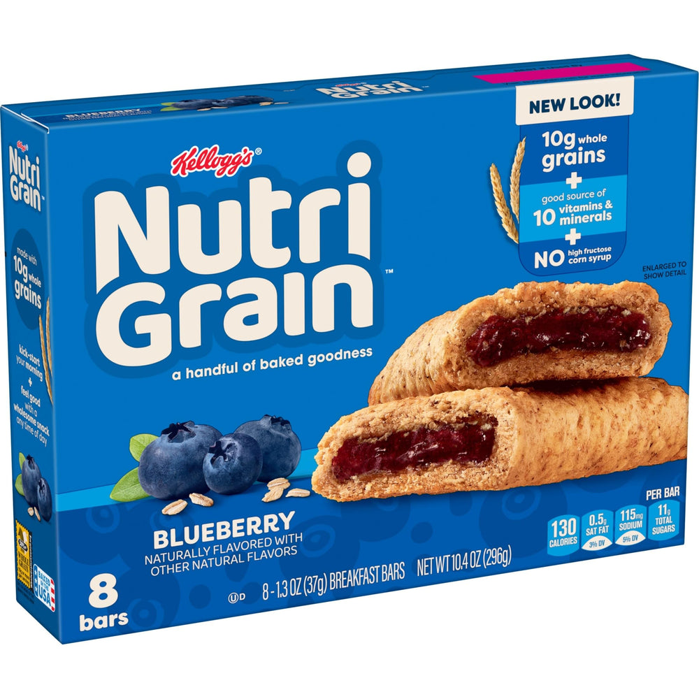 Nutri-Grain Soft Baked Blueberry Bars nutrition facts panel highlights vitamins and minerals.