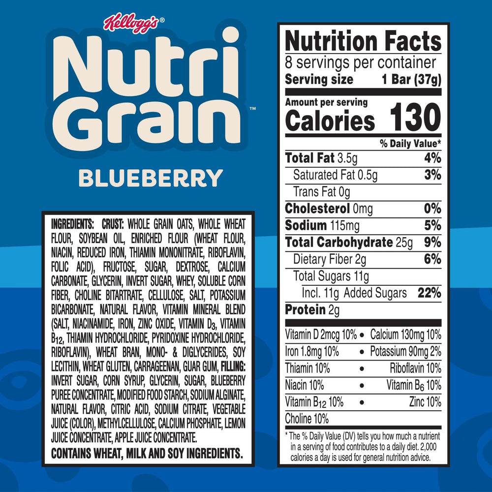 Nutri-Grain Soft Baked Blueberry Bars pack back highlights nutrition and freshness.