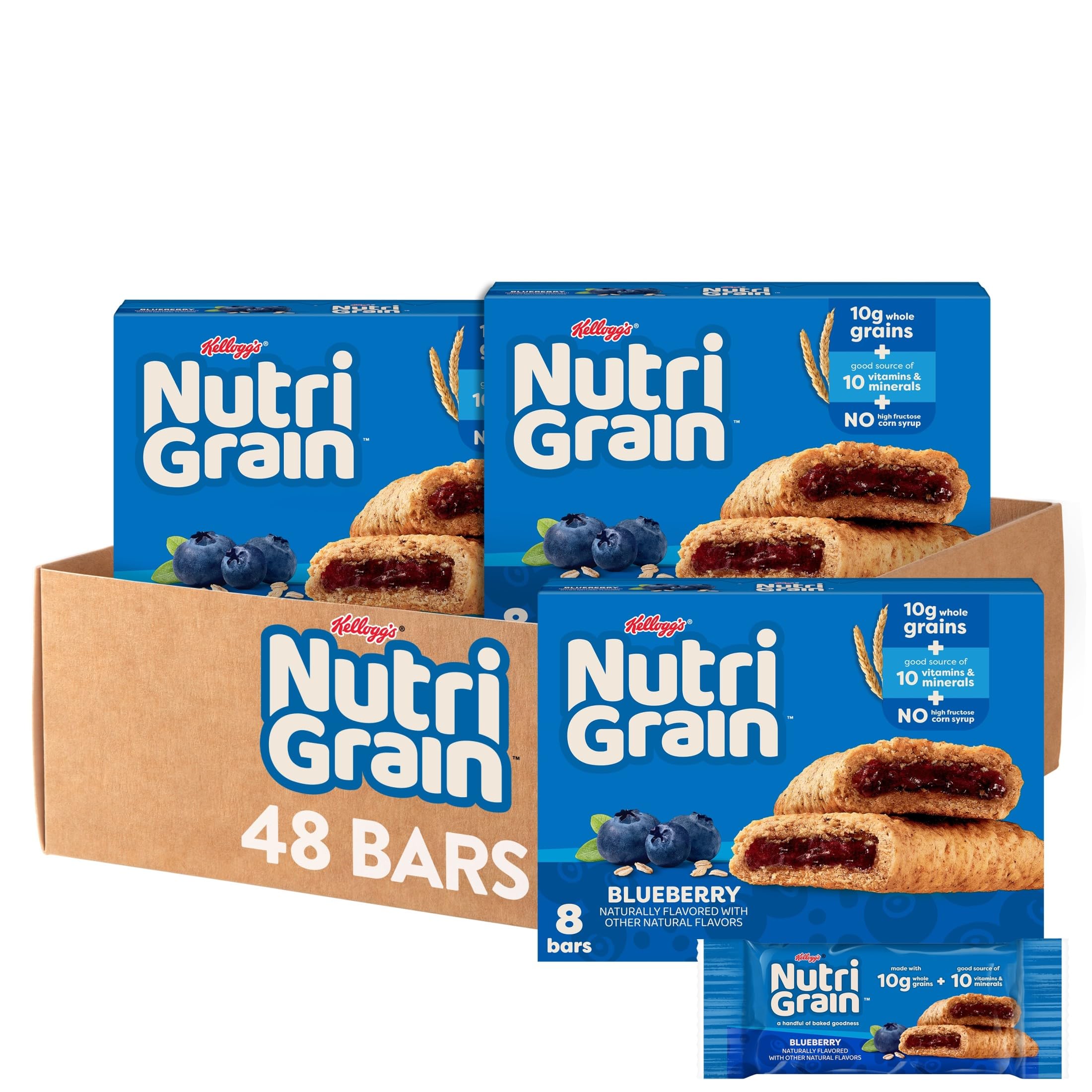 Nutri-Grain Soft Baked Blueberry Bars pack front shows convenient on-the-go breakfast.