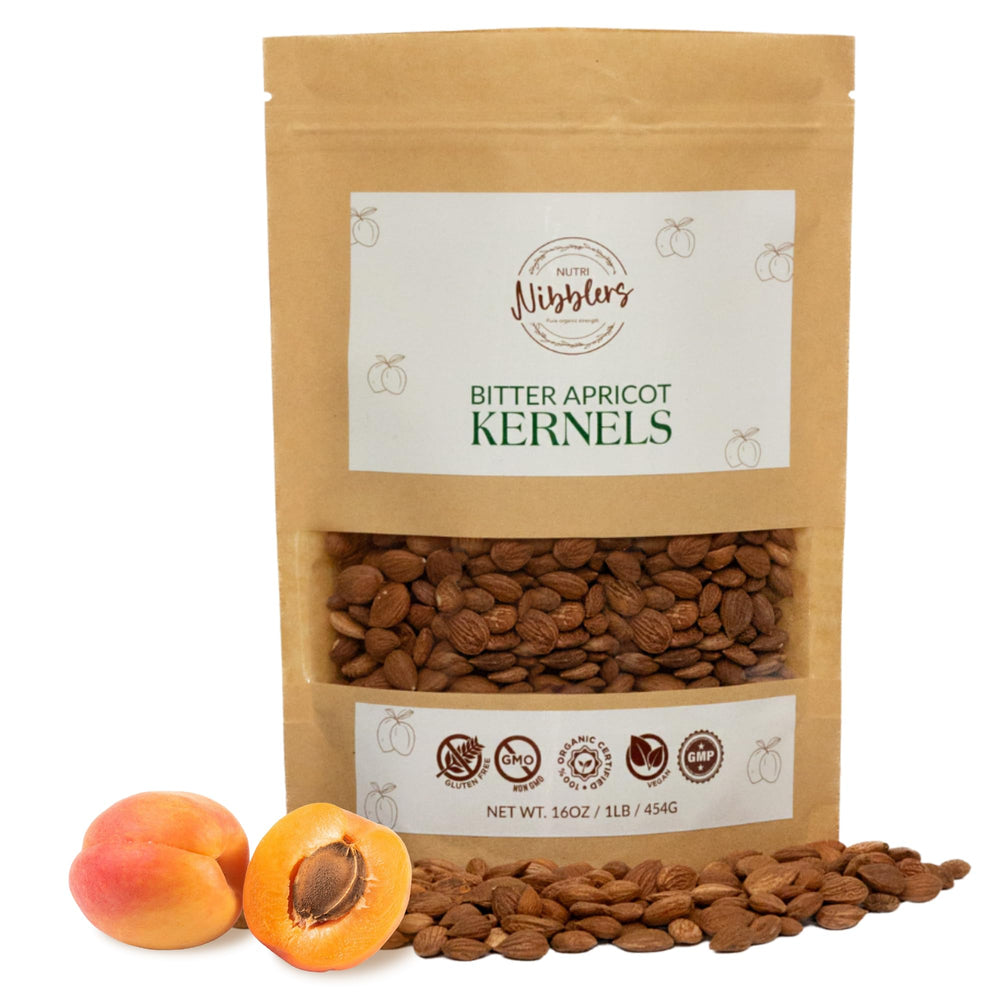 Nutri Nibblers bitter apricot seeds in an eco-friendly bag, ready to snack.