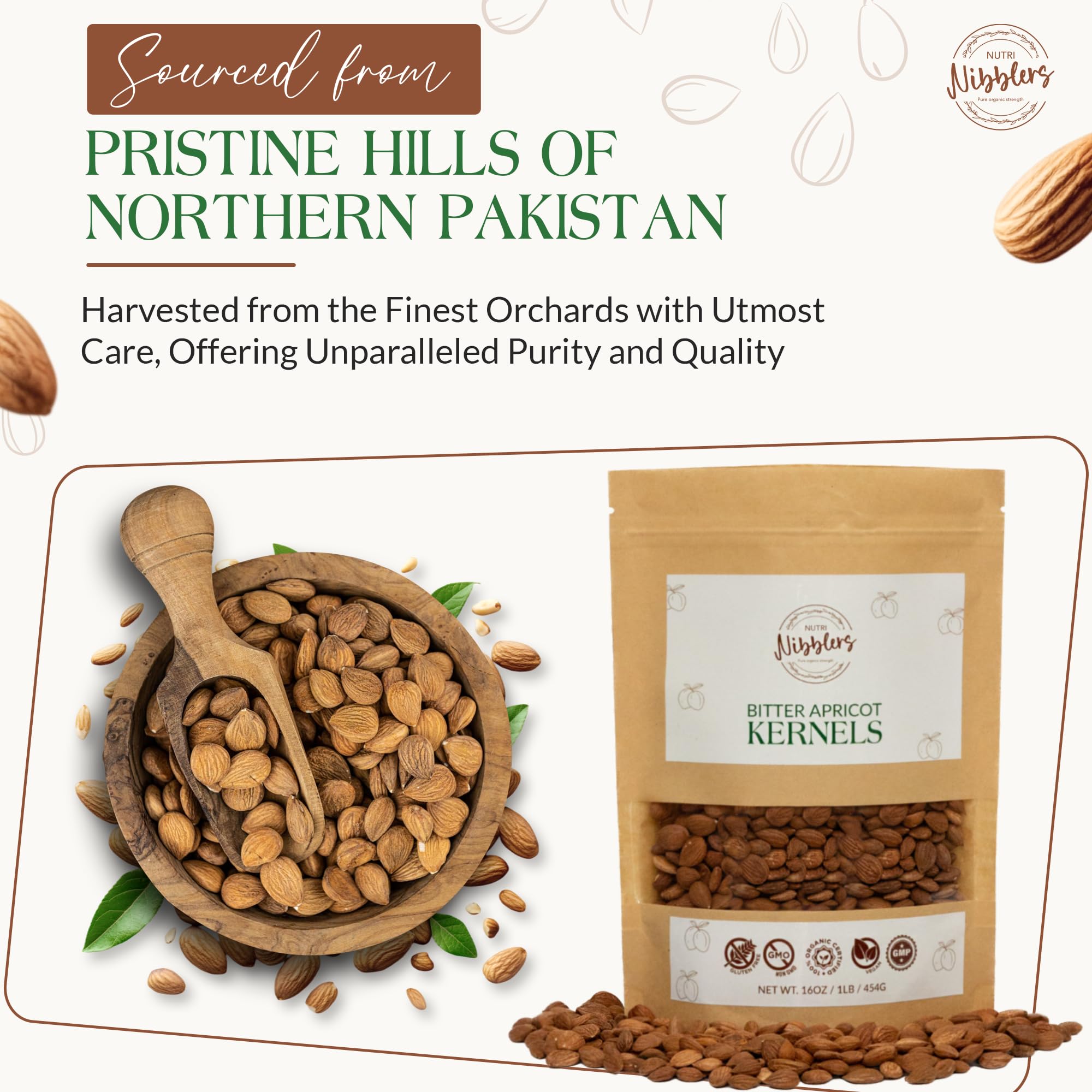 Nutri Nibblers bitter apricot seeds in resealable package, preserves freshness.
