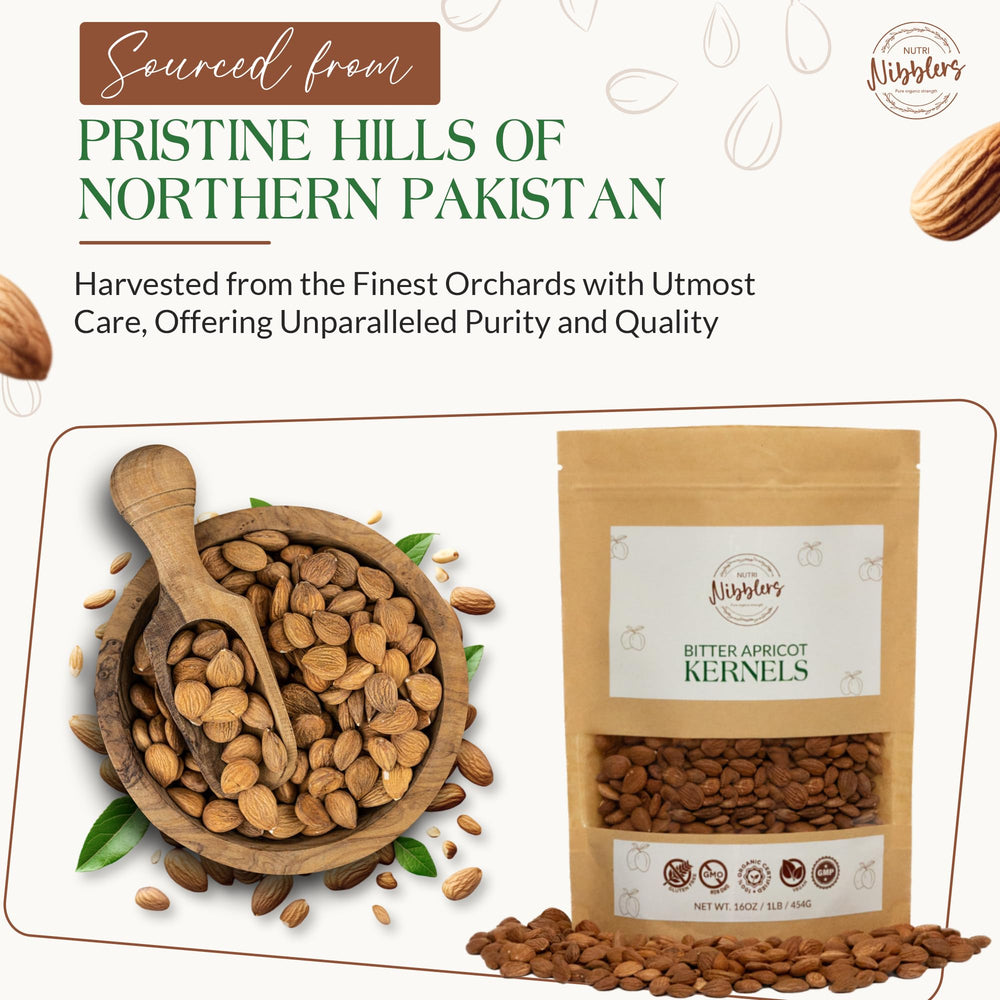 Nutri Nibblers bitter apricot seeds in resealable package, preserves freshness.
