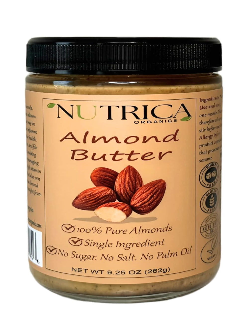 Nutrica Organics almond butter jar seen from the side, showcasing pure ingredients