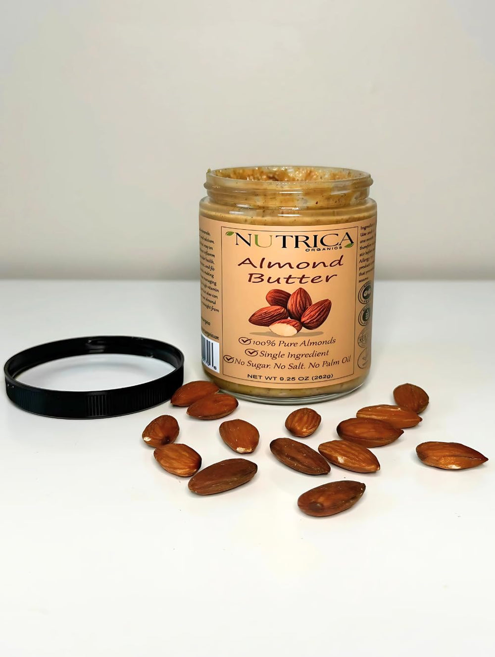 Roasted almonds used in Nutrica Organics almond butter close-up