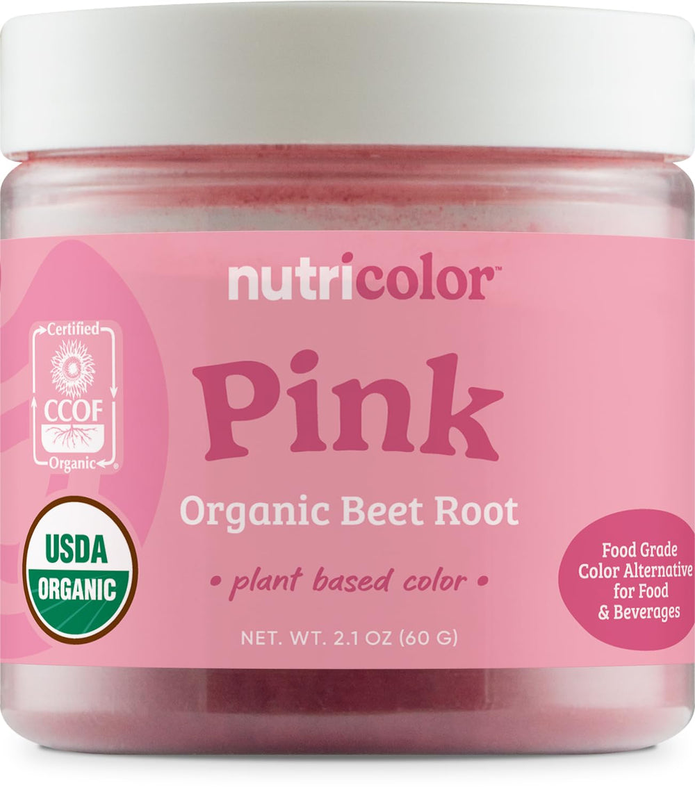 Nutricolor pink beet root powder bottle enhances foods with natural plant-based color.