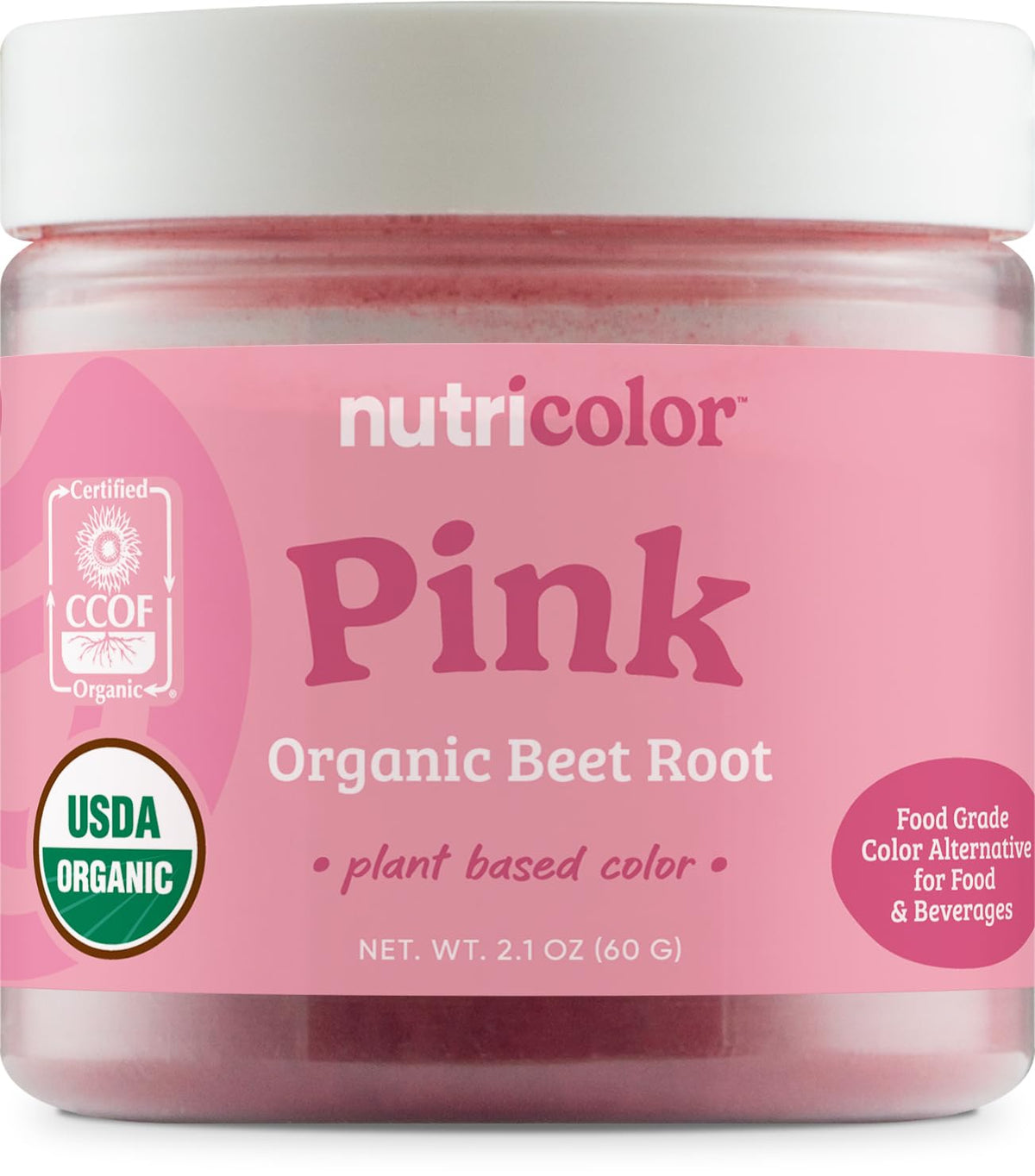 Nutricolor pink beet root powder bottle enhances foods with natural plant-based color.
