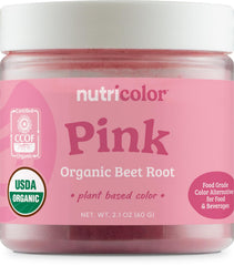 Nutricolor pink beet root powder bottle enhances foods with natural plant-based color.