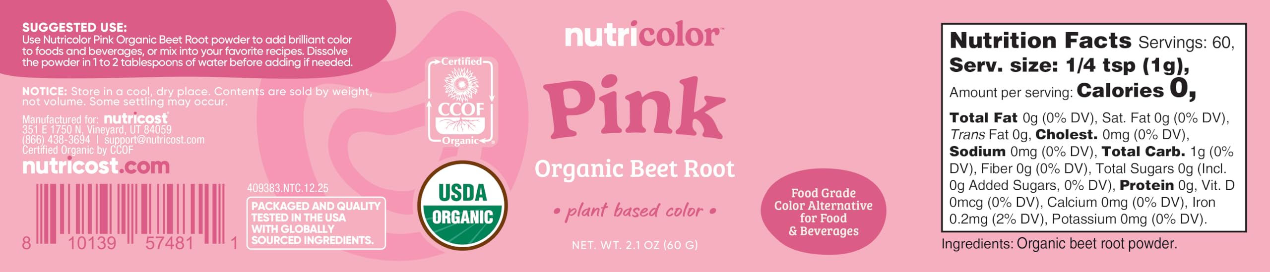 Nutricolor pink beet root powder packaging highlights 60 servings value.