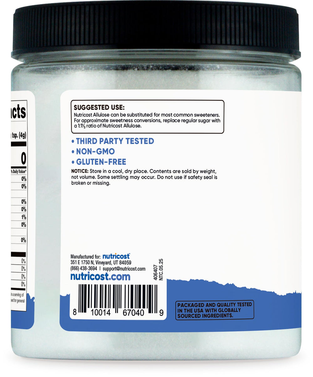 Nutricost Allulose bottle supports keto-friendly meals with zero calories.