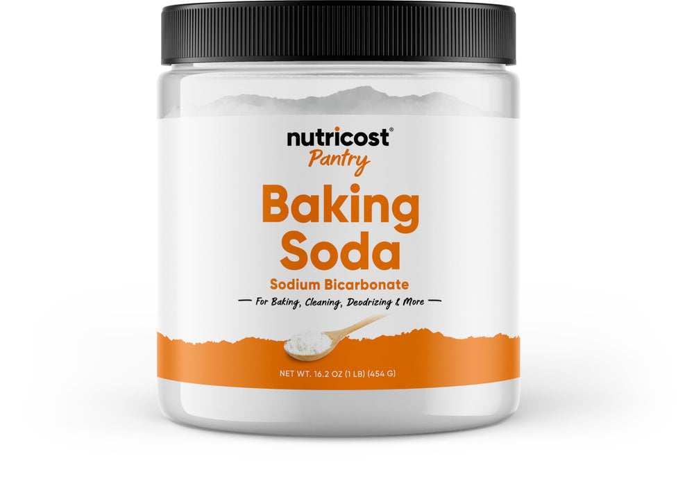 Nutricost baking soda 1lb bottle for baking, cleaning, and deodorizing.