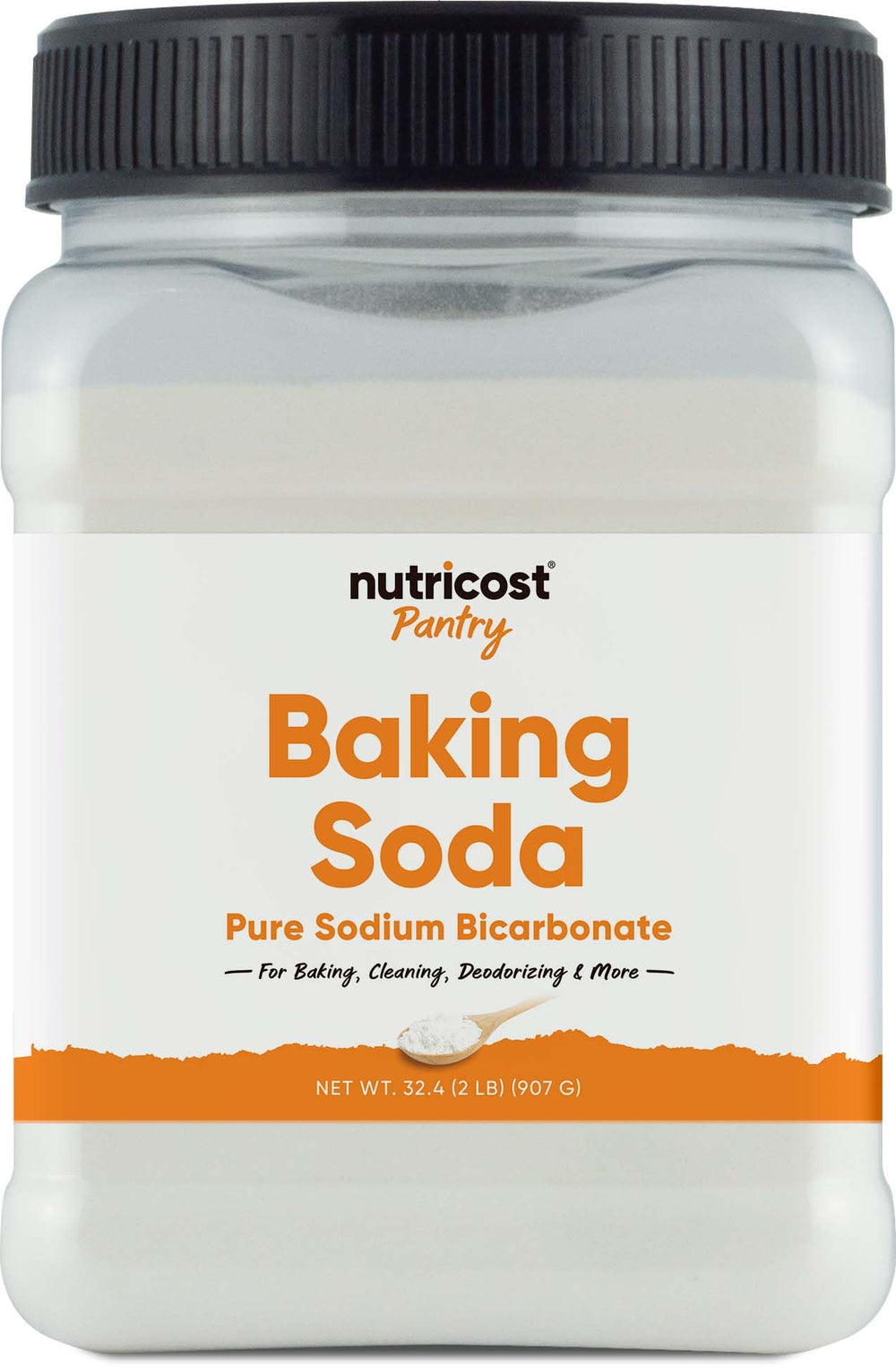 Nutricost baking soda bottle shows 2 lbs for versatile pantry use.