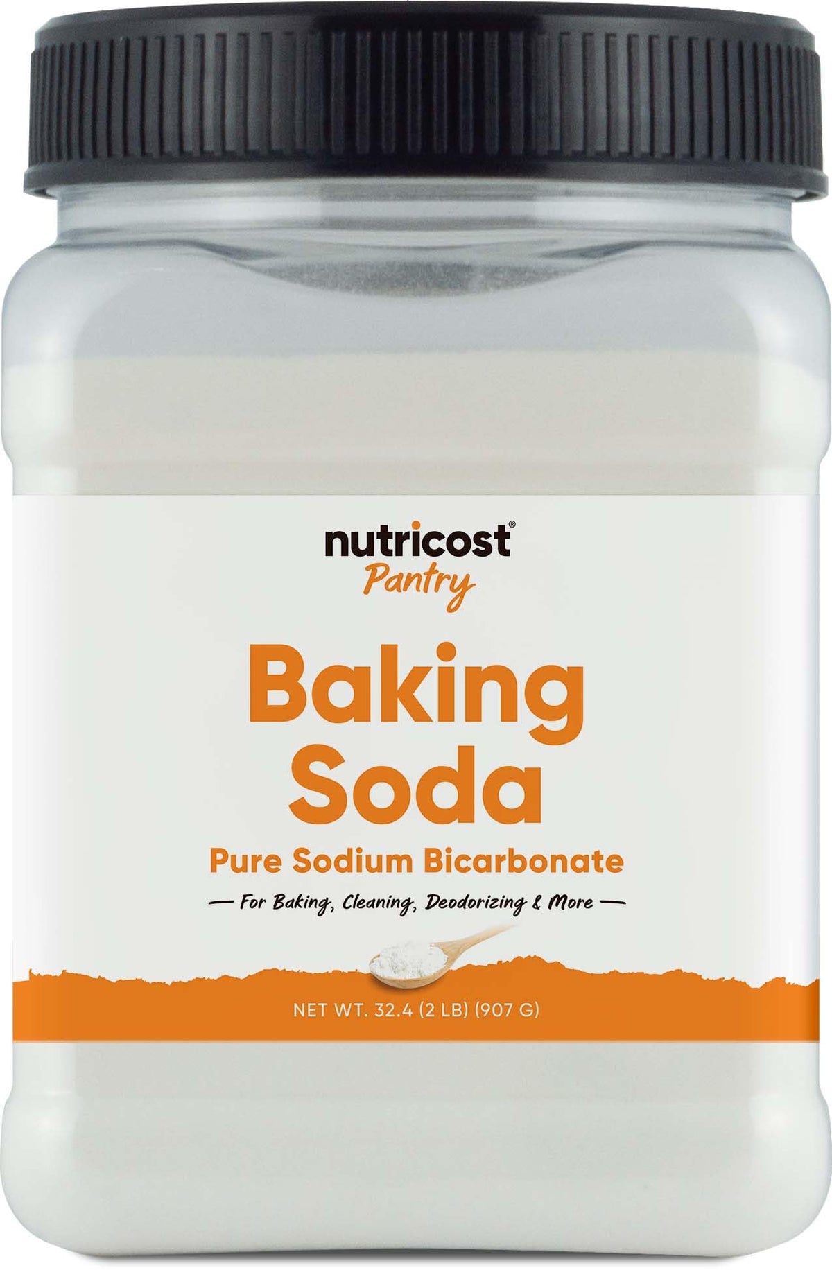 Nutricost baking soda bottle shows 2 lbs for versatile pantry use.