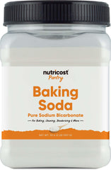 Nutricost baking soda bottle shows 2 lbs for versatile pantry use.