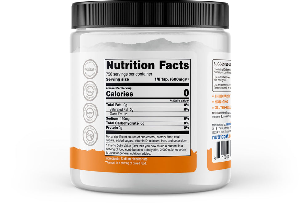 Nutricost baking soda label highlights pantry storage convenience.