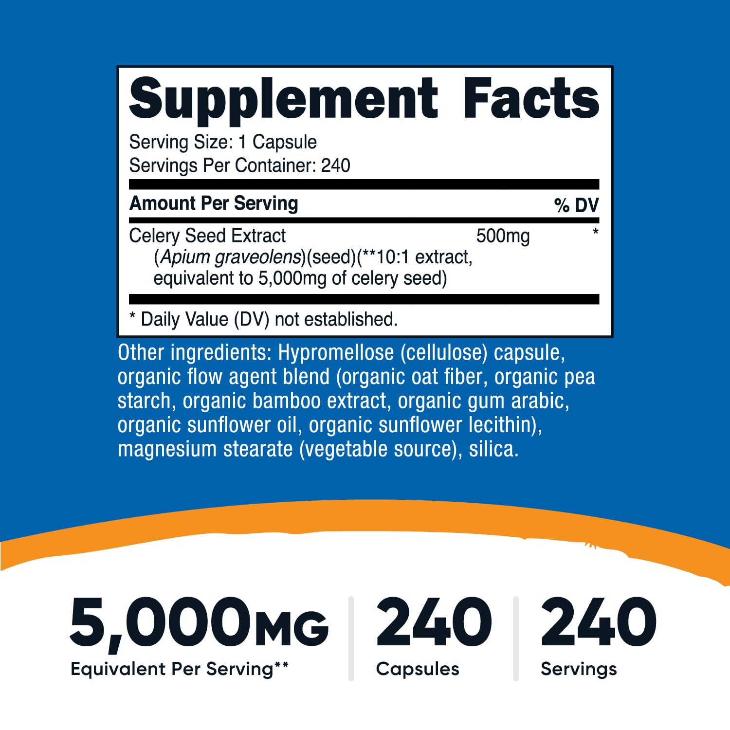 Nutricost Celery Seed capsules daily-use close-up showing 5,000 mg per serving