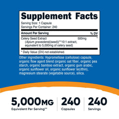 Nutricost Celery Seed capsules daily-use close-up showing 5,000 mg per serving